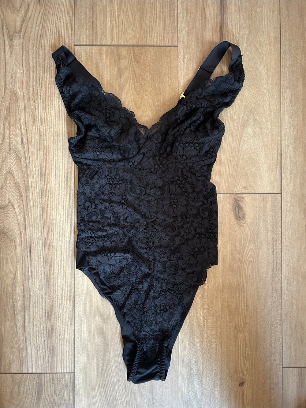 We are HAH Black Lace V-Neck Bodysuit Size: S